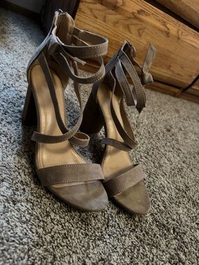 LC Lauren Conrad Taupe Suede Strappy Block Heel Sandals